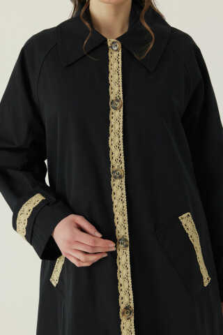 Lace Detailed Long Trench Coat Black - 3