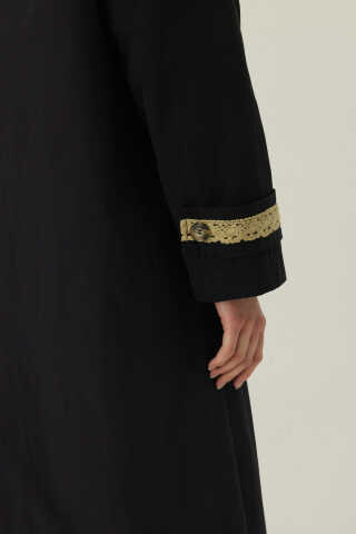 Lace Detailed Long Trench Coat Black - 4