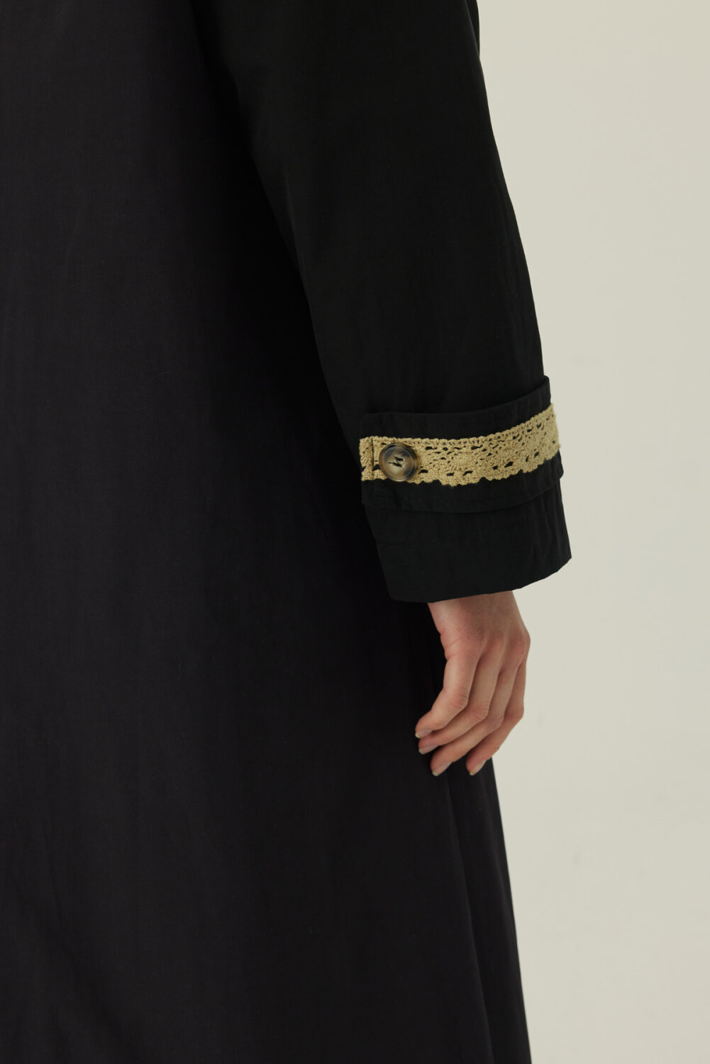 Lace Detailed Long Trench Coat Black - 4