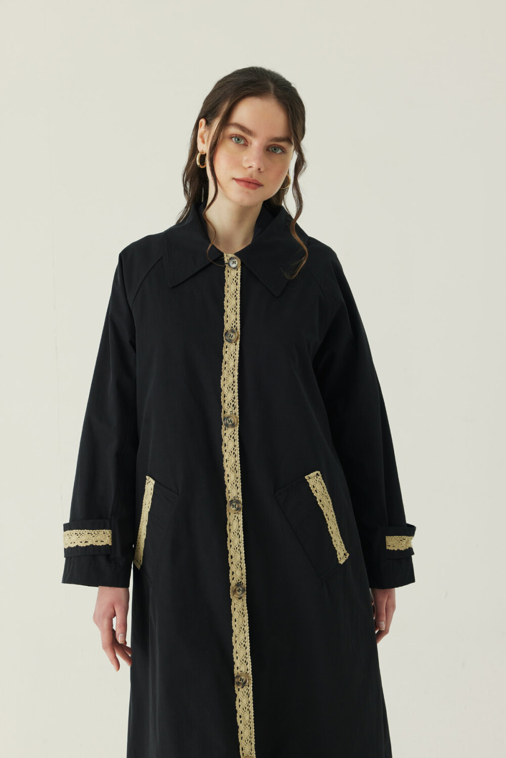 Lace Detailed Long Trench Coat Black - 5
