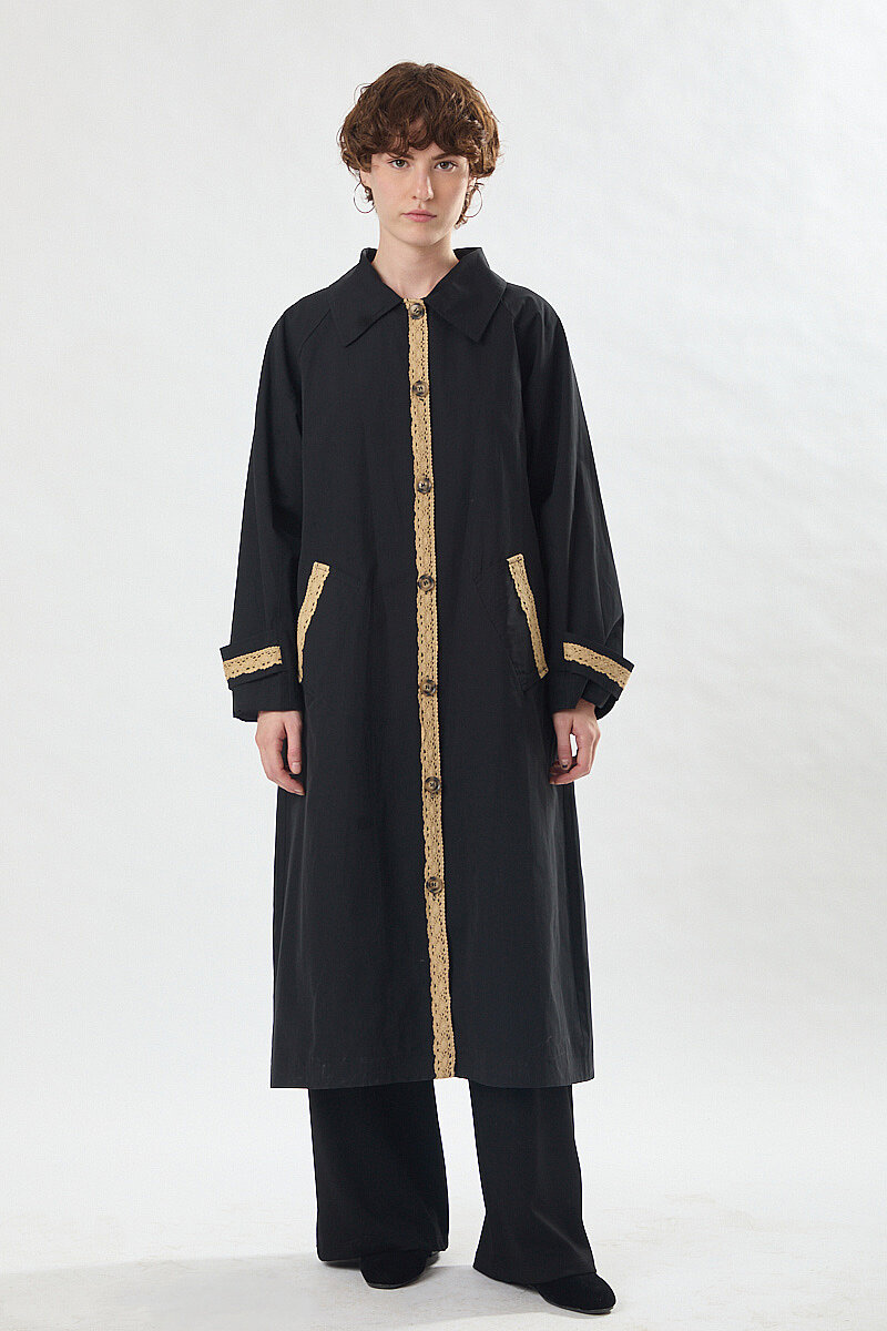 Lace Detailed Long Trench Coat Black