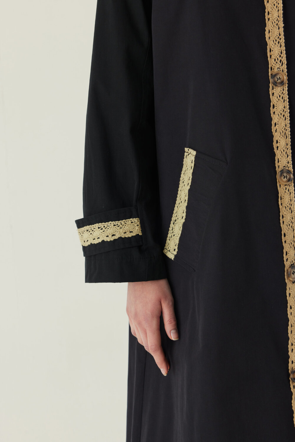 Lace Detailed Long Trench Coat Black - 2