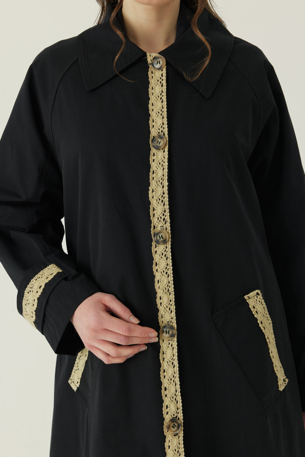 Lace Detailed Long Trench Coat Black - 3