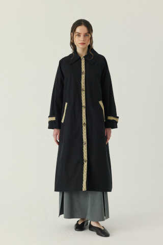 Lace Detailed Long Trench Coat Black - 1