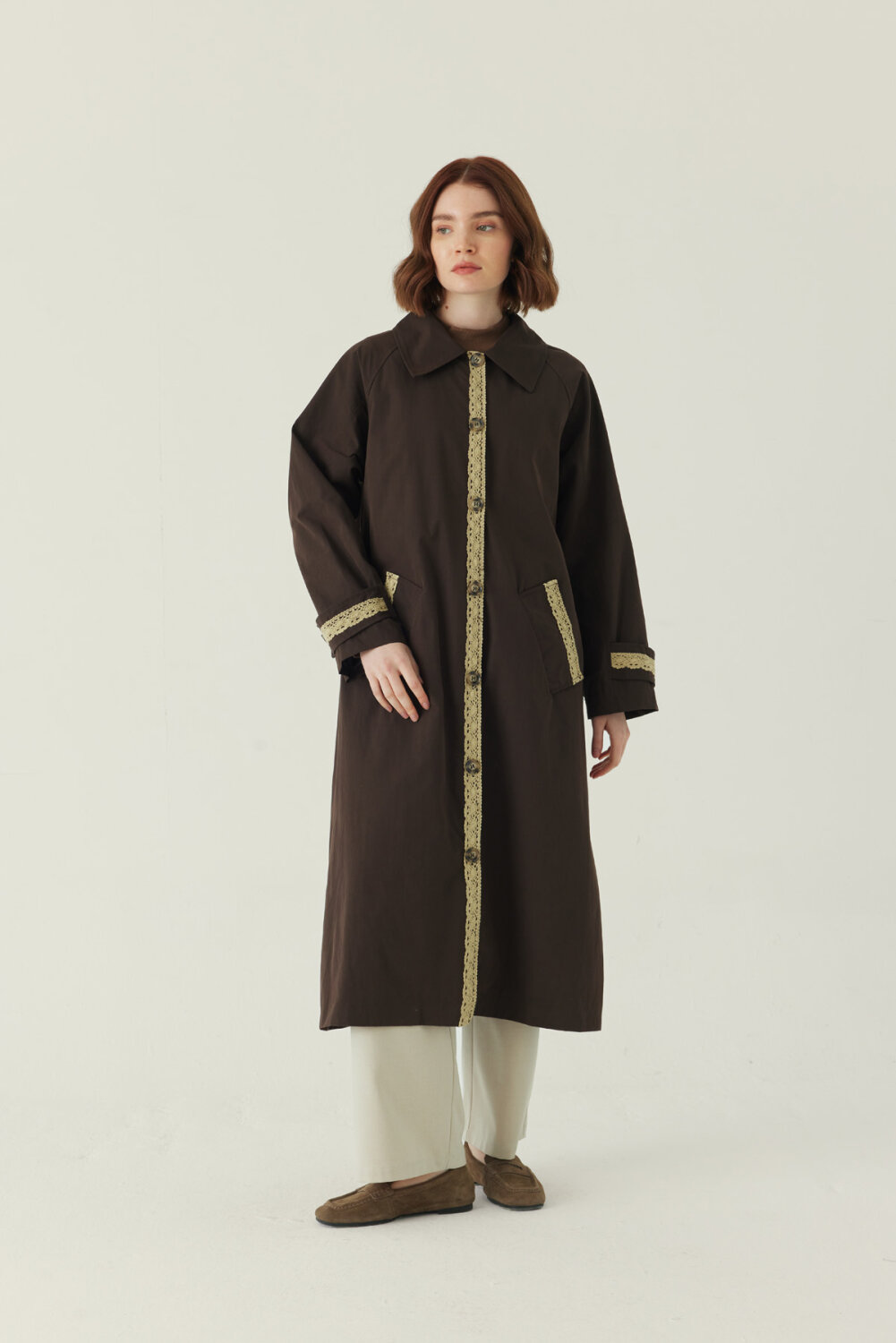 Lace Detailed Long Trench Coat Dark Brown - 7