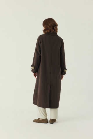 Lace Detailed Long Trench Coat Dark Brown - 3