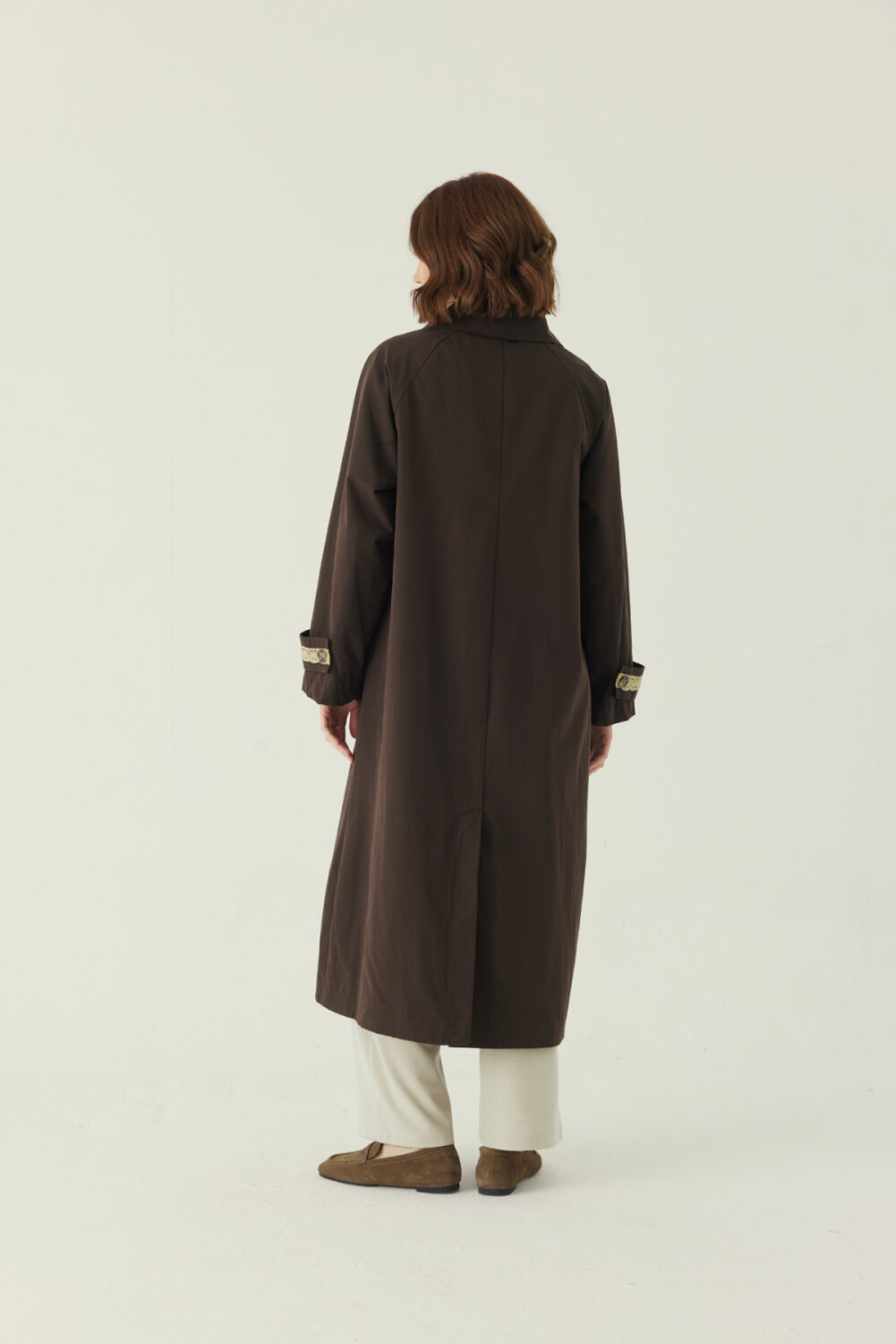 Lace Detailed Long Trench Coat Dark Brown - 3