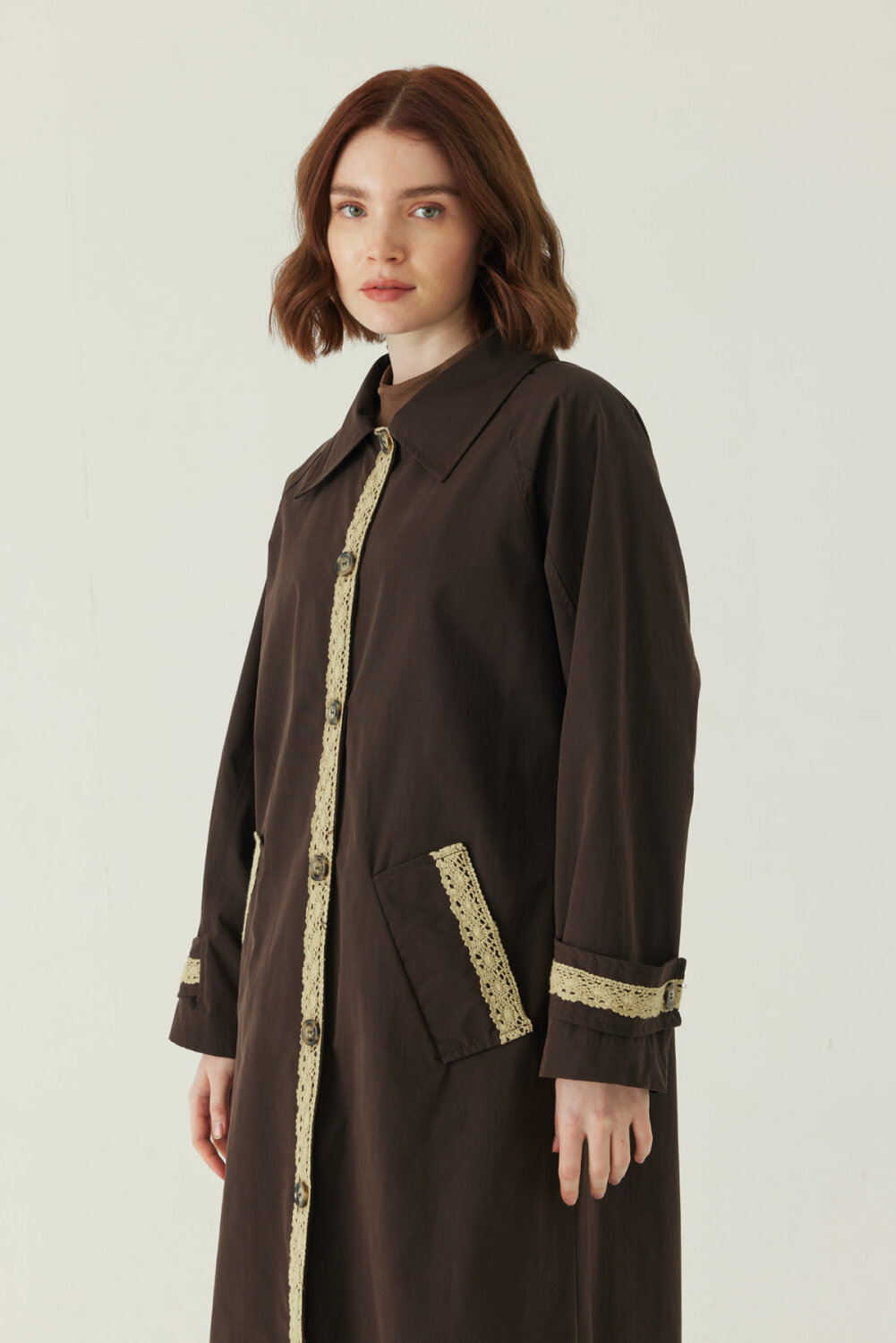 Lace Detailed Long Trench Coat Dark Brown - 4