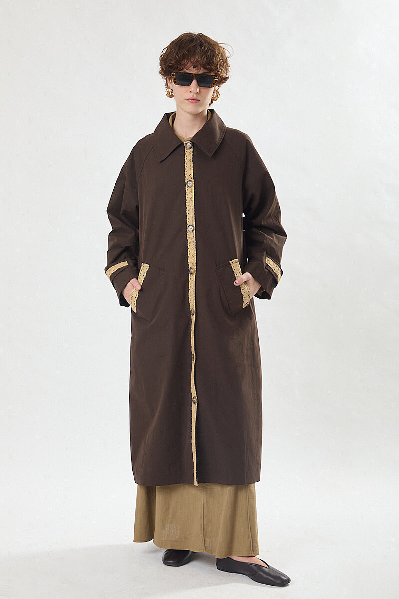 Lace Detailed Long Trench Coat Dark Brown