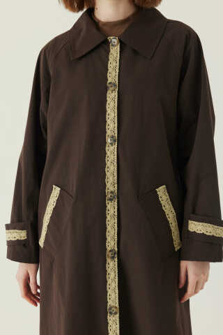 Lace Detailed Long Trench Coat Dark Brown - 2