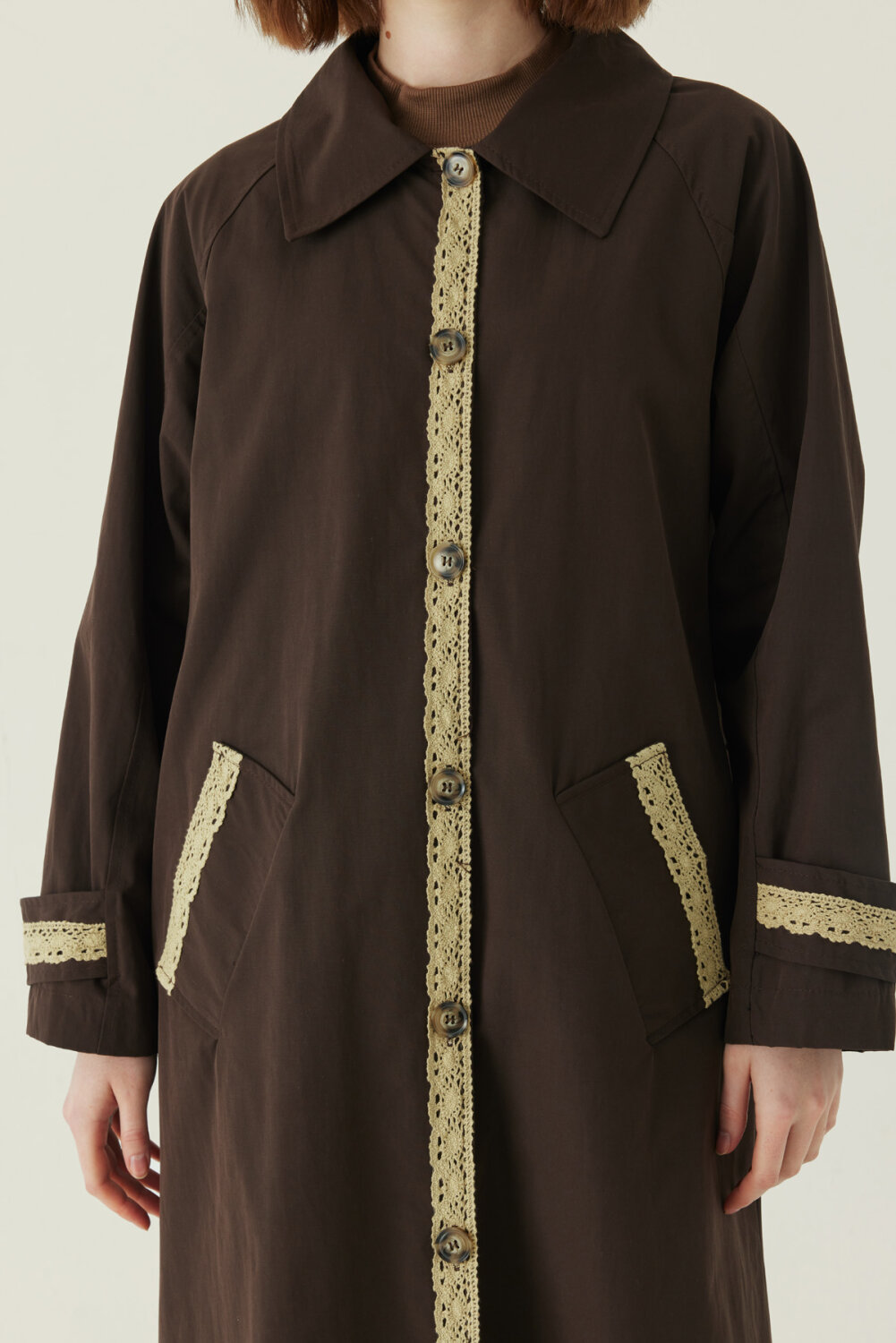 Lace Detailed Long Trench Coat Dark Brown - 2