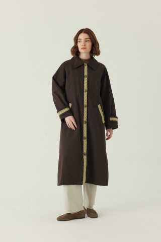 Lace Detailed Long Trench Coat Dark Brown - 1