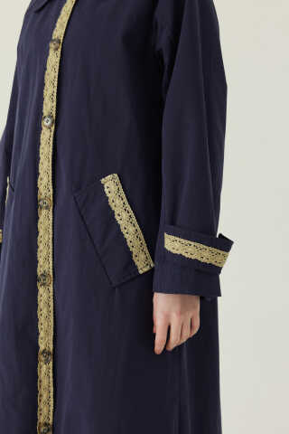 Lace Detailed Long Trench Coat Navy - 3