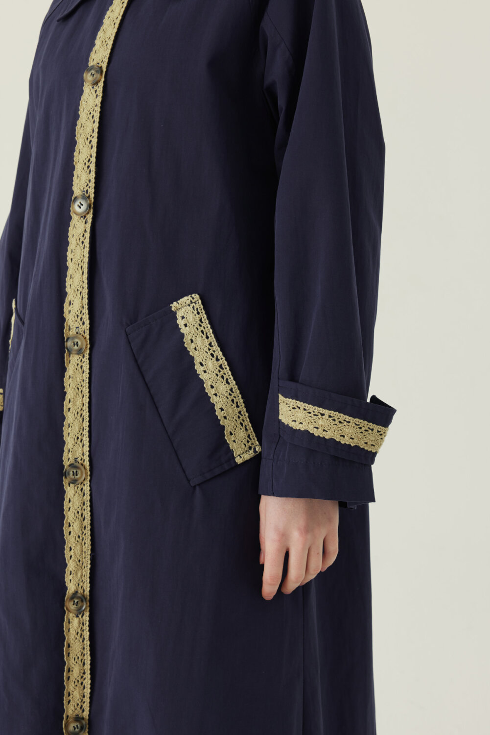 Lace Detailed Long Trench Coat Navy - 3