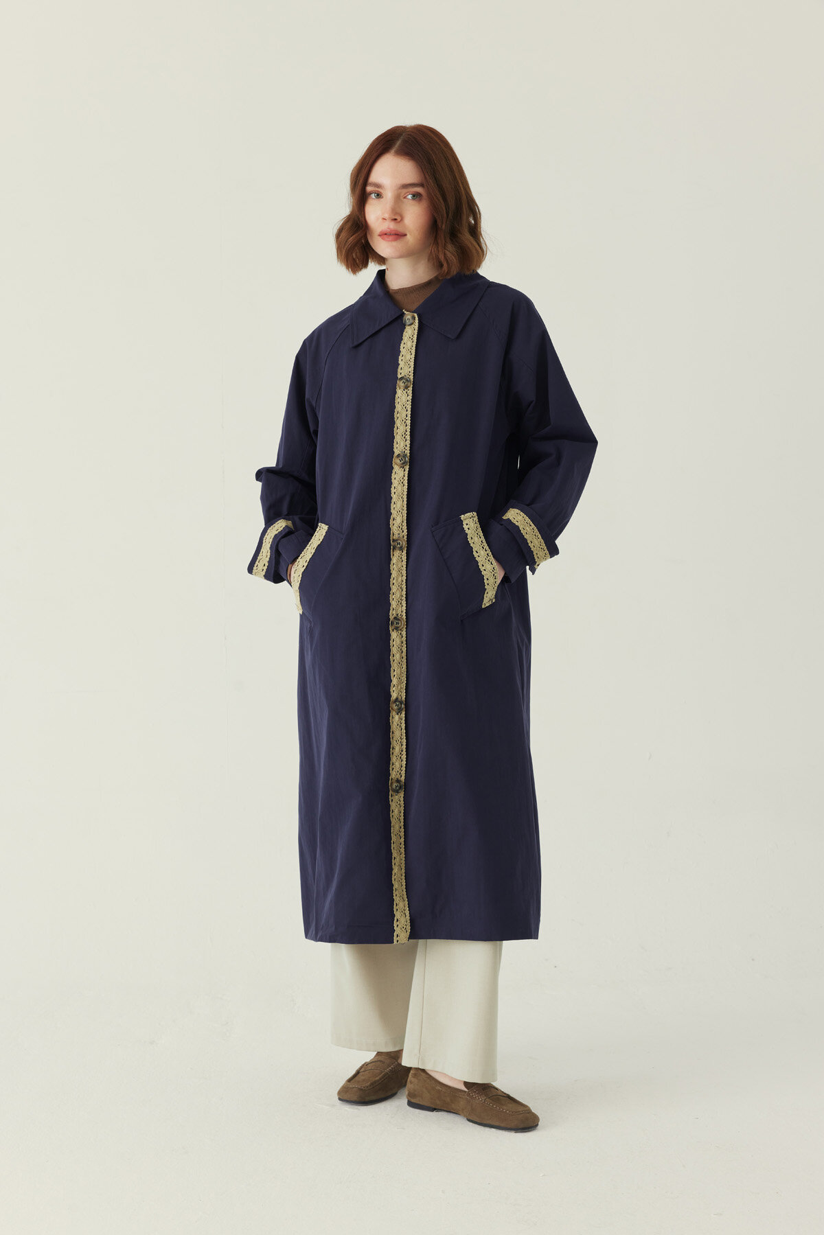 Lace Detailed Long Trench Coat Navy