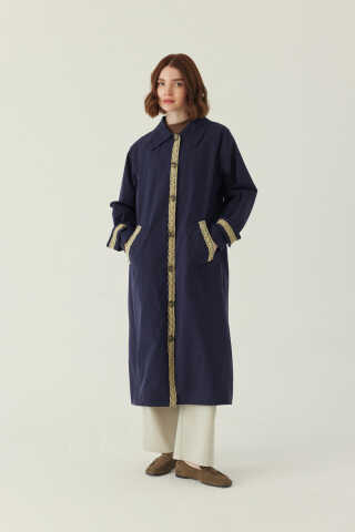 Lace Detailed Long Trench Coat Navy - 1