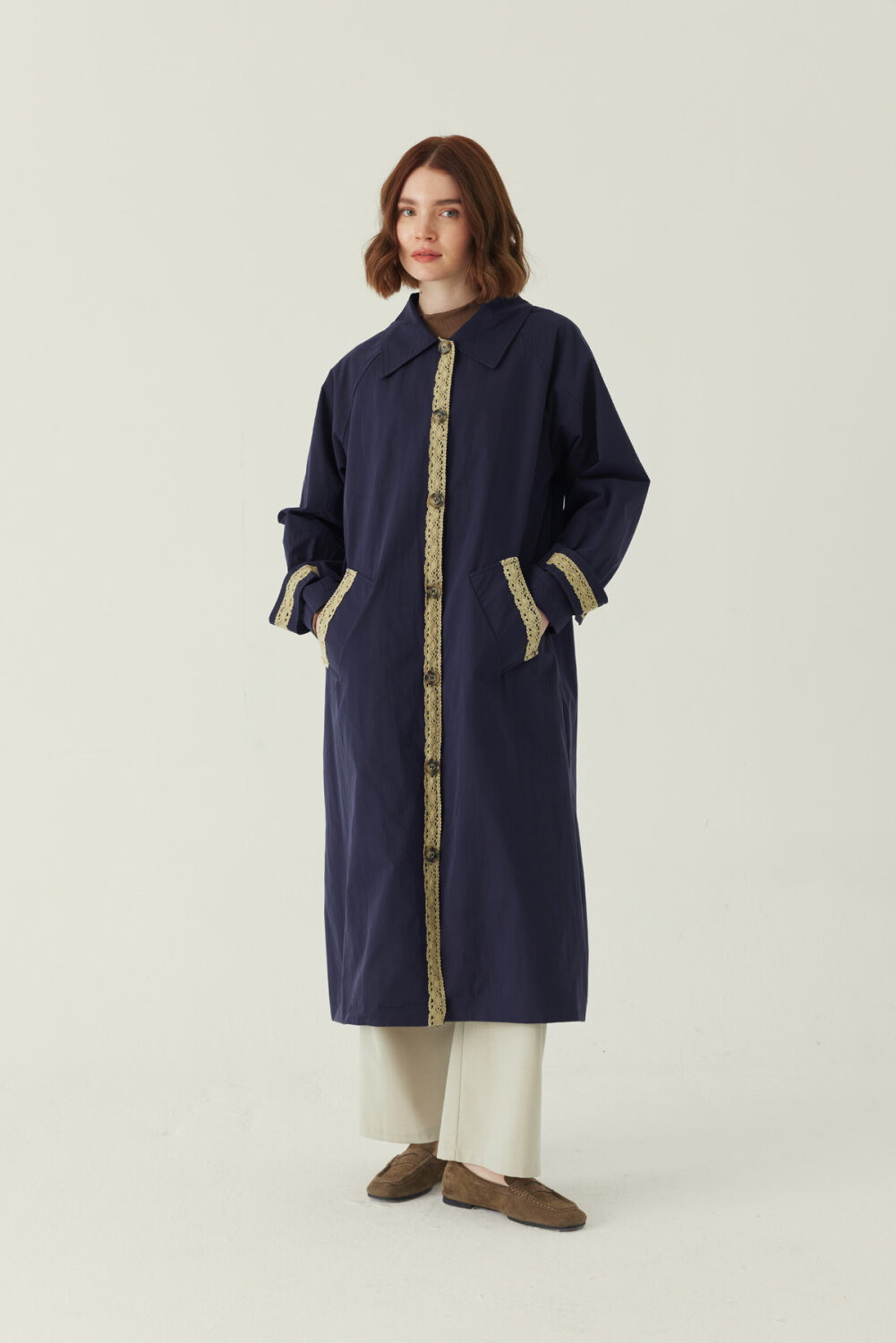 Lace Detailed Long Trench Coat Navy 
