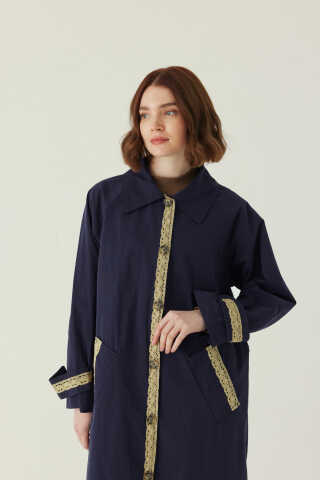Lace Detailed Long Trench Coat Navy - 2