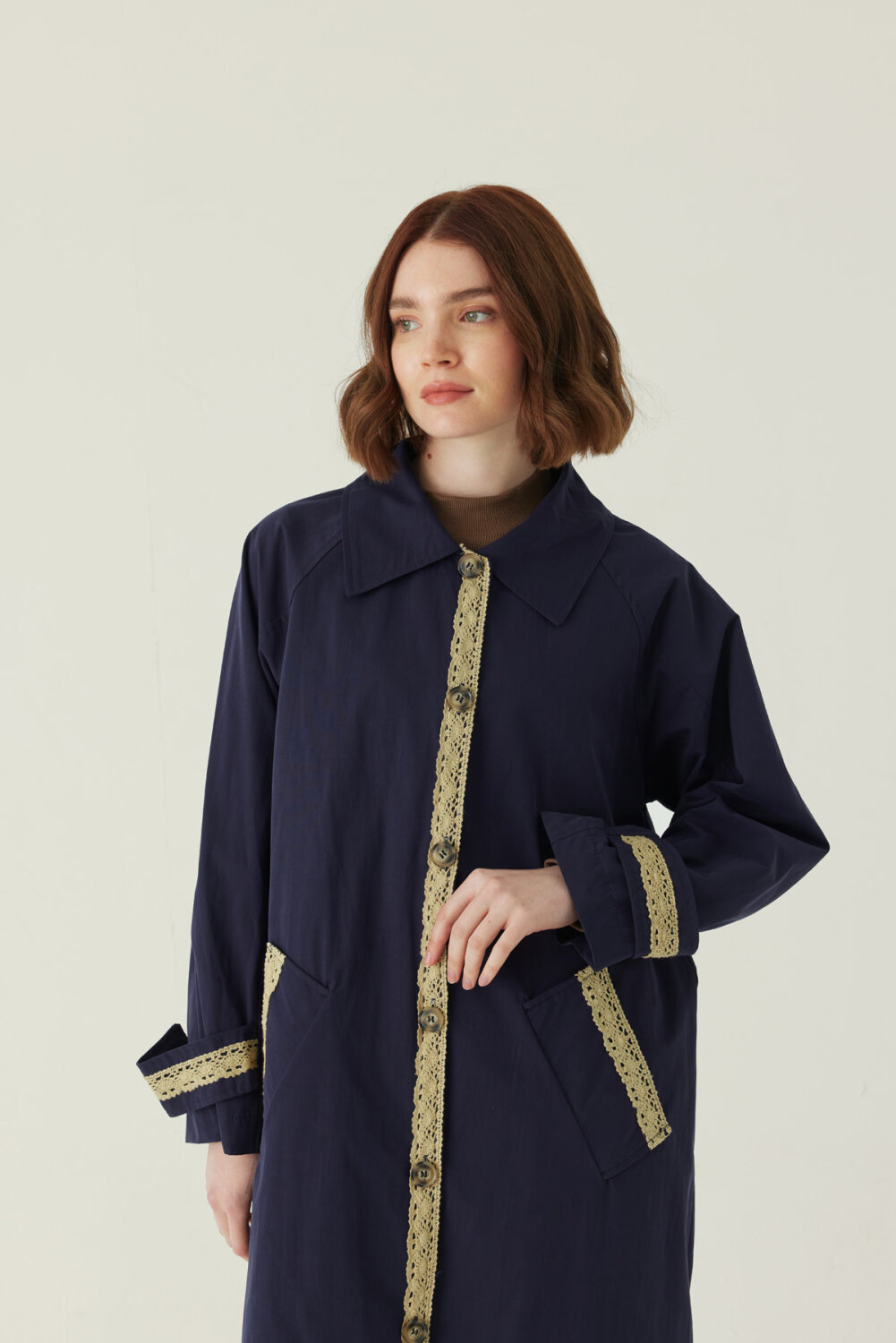 Lace Detailed Long Trench Coat Navy - 2