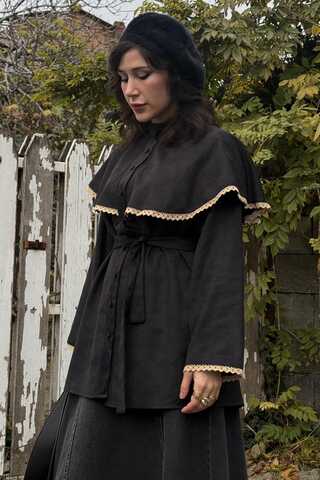 Lace Detailed Suede Shirt Black - 2