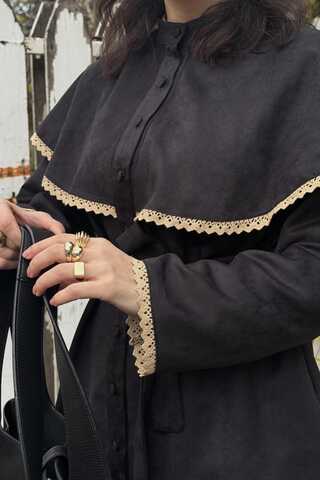 Lace Detailed Suede Shirt Black - 3