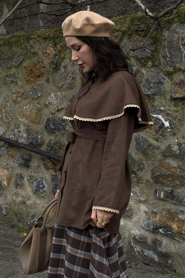 Lace Detailed Suede Shirt Brown - 8