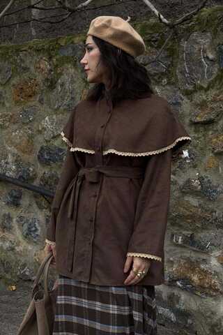 Lace Detailed Suede Shirt Brown - 5