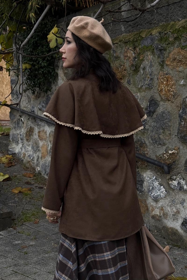 Lace Detailed Suede Shirt Brown - 9