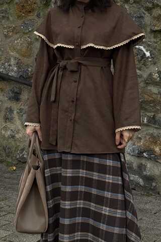 Lace Detailed Suede Shirt Brown - 3