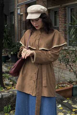 Lace Detailed Suede Shirt Camel - 1