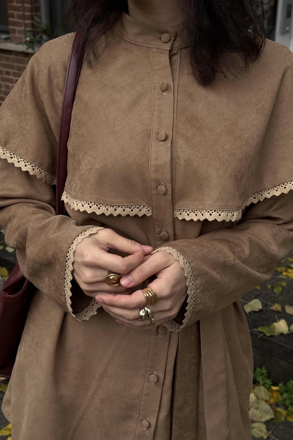 Lace Detailed Suede Shirt Camel - 3