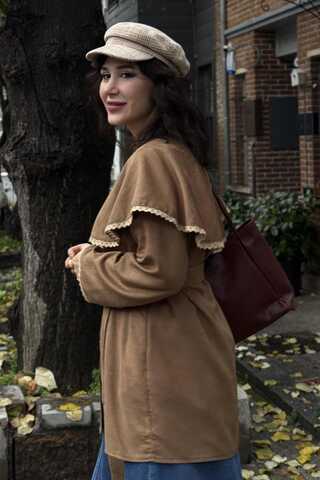 Lace Detailed Suede Shirt Camel - 4