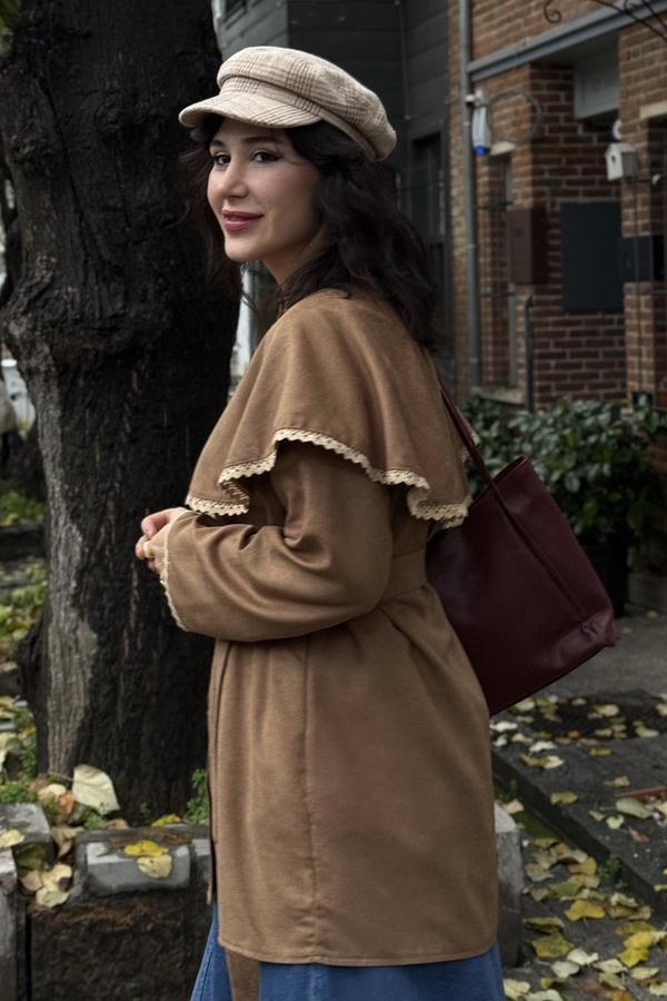 Lace Detailed Suede Shirt Camel - 4