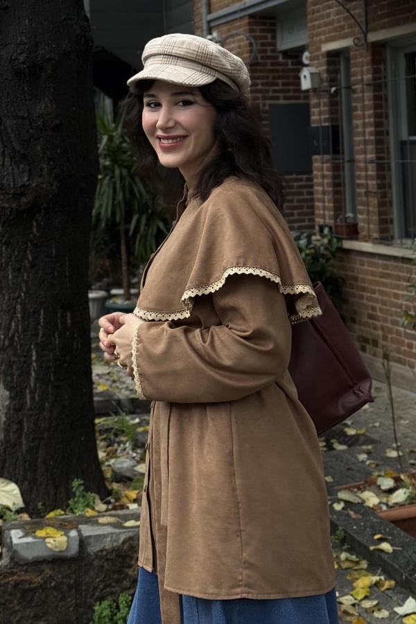 Lace Detailed Suede Shirt Camel - 5