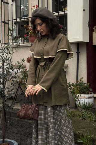 Lace Detailed Suede Shirt Khaki - 4