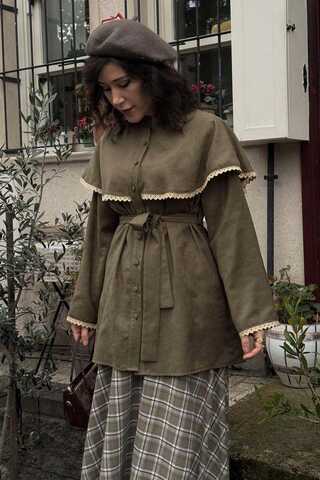 Lace Detailed Suede Shirt Khaki - 3