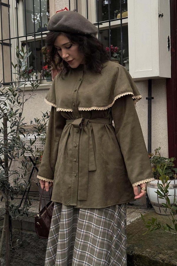 Lace Detailed Suede Shirt Khaki - 3