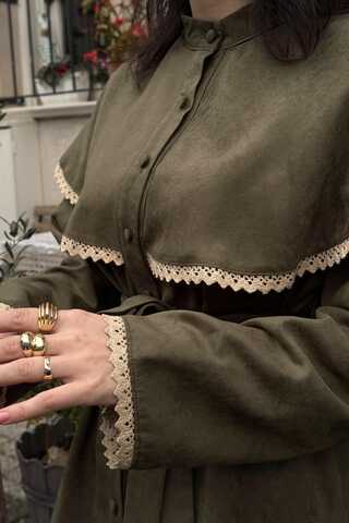 Lace Detailed Suede Shirt Khaki - 6