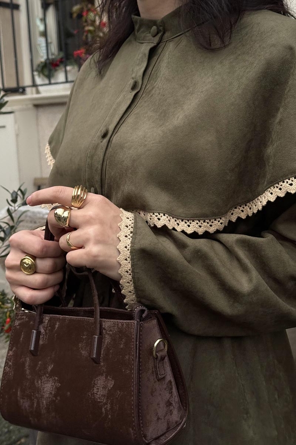 Lace Detailed Suede Shirt Khaki - 7