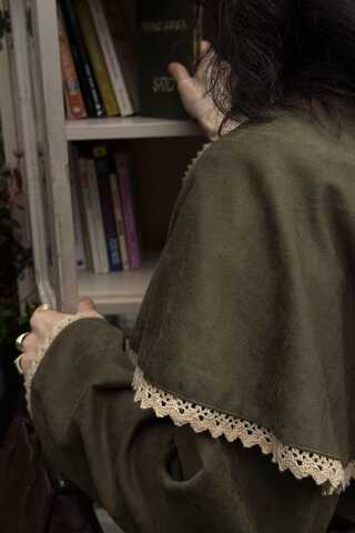 Lace Detailed Suede Shirt Khaki - 8