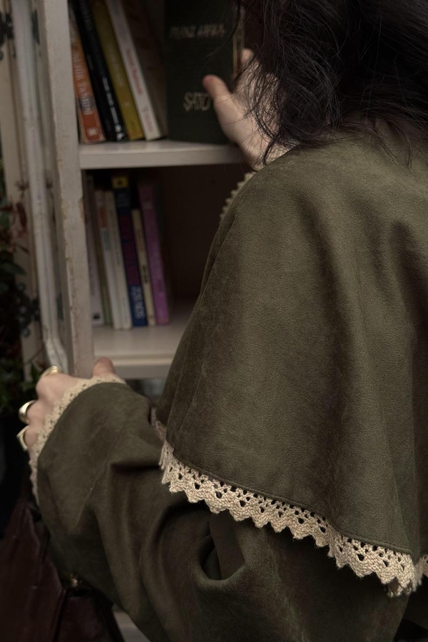 Lace Detailed Suede Shirt Khaki - 8