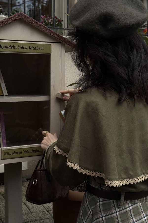 Lace Detailed Suede Shirt Khaki - 9