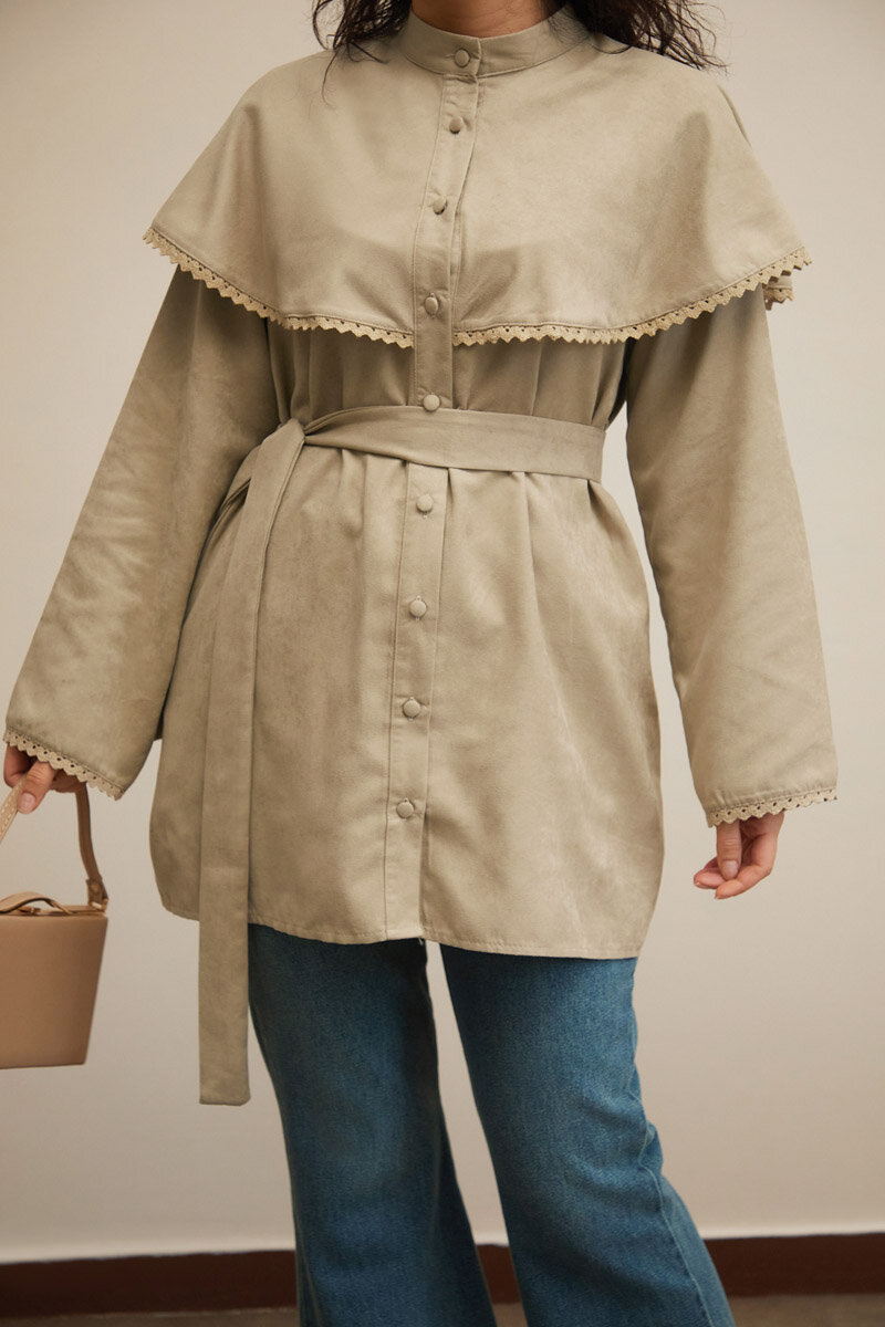 Lace Detailed Suede Shirt Stone - 3