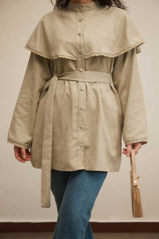 Lace Detailed Suede Shirt Stone - 1