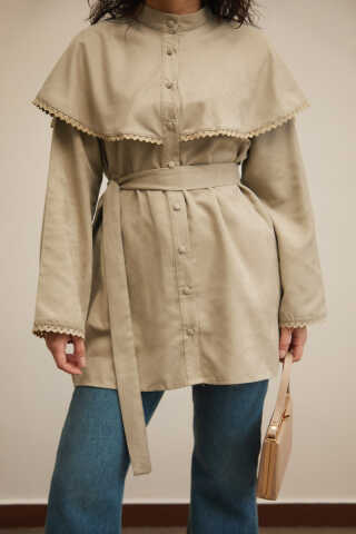 Lace Detailed Suede Shirt Stone - 7