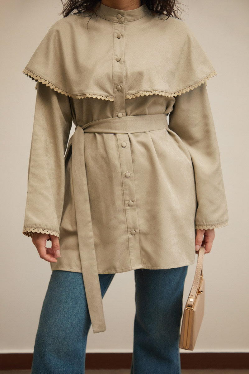 Lace Detailed Suede Shirt Stone - 7