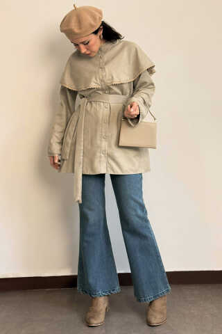 Lace Detailed Suede Shirt Stone - 2