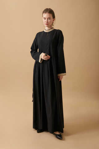 Dantel Şeritli Keten Elbise Siyah - 5