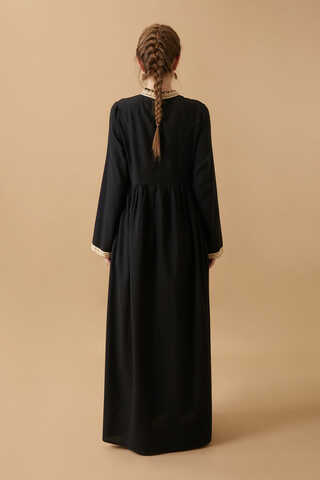 Dantel Şeritli Keten Elbise Siyah - 10