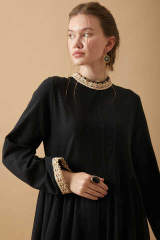 Dantel Şeritli Keten Elbise Siyah - 3